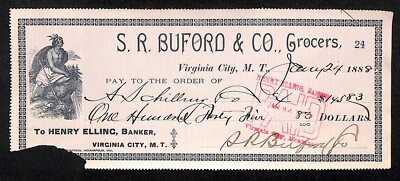 1888 Henry Elling Virginia City Montana Territory S.R. Buford Grocers Check #24