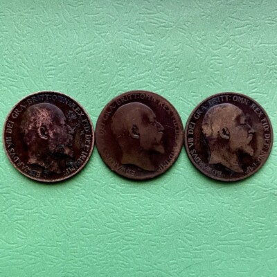 Great Britain One Penny,  1906,8,10 Old British Coins, Edward VII, 3 Pieces. #5