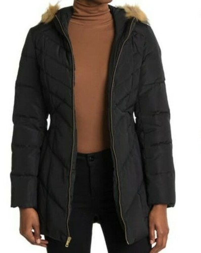 Down Feathers Faux Fur Trim Hooded Coat 