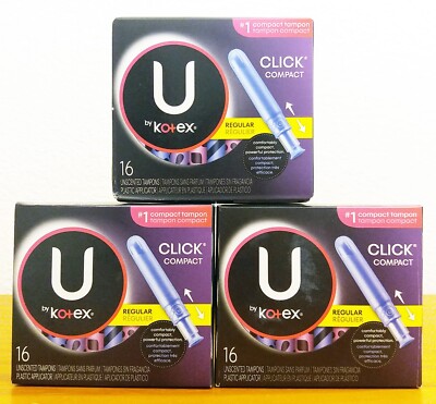 U By Kotex Click Compact Tampons, Regular, Unscented, 16Ct, Lot of 3