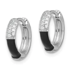 Sterling Silver or Gold-tone over Silver CZ Black Enamel Huggies Hoop Earrings