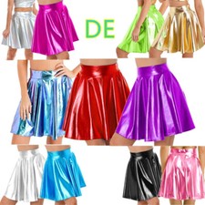 DE Damen Minirock Glänzend Faltenrock Kurz Skater Rock Metallic Tanzrock A-Linie