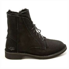 Image of Womens Ugg Quincy Lace-Up Ankle Sheepskin Lined Black Suede Boots NEW