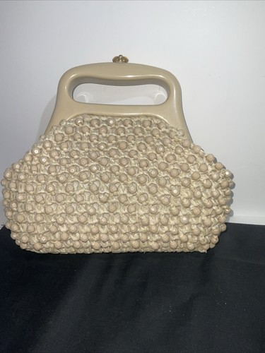 VTG Italy Gay Mode Woven Bead Purse Clamshell Ivory Bakelite Handle