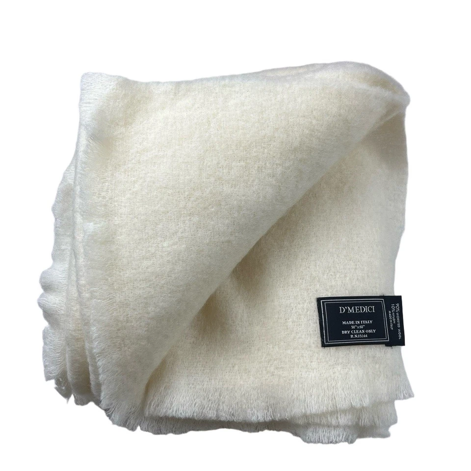 Manta de lana D'MEDICI Worsted 50x60 blanco roto flecos lujo hecha en Italia Foto 2 de 4