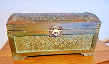 Round top Rattan trunk  w/ wood interior   21"L   VG Condition
