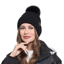 Womens Beanies for Winter,Knit Hat with Faux Fur Pom Pom Beanie for Black