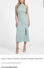 Guess Liza Lace Maxi mock neck Dress NWT Seafoam MULTI Leg Slit Open Back Size S
