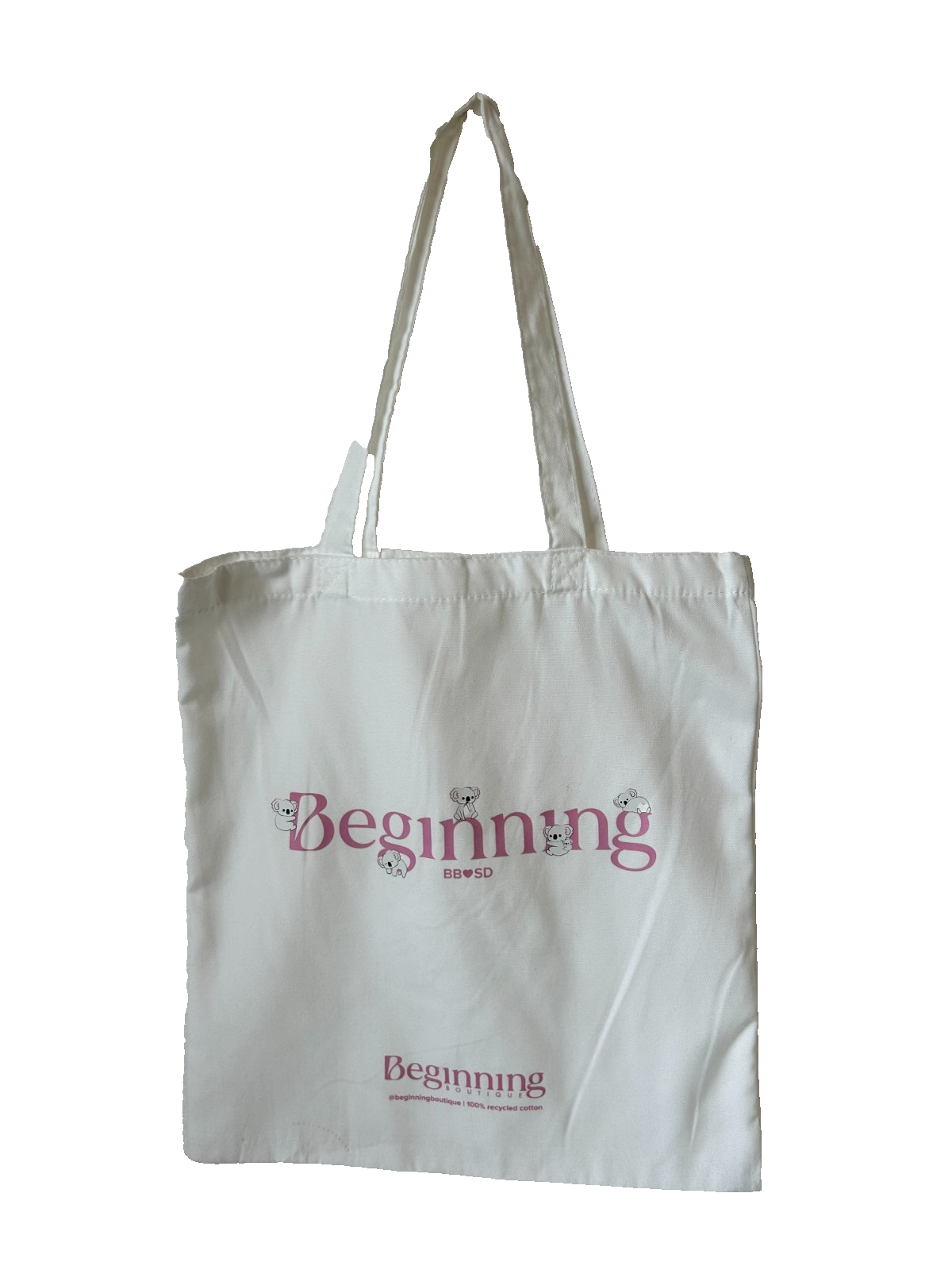 Beginning Boutique Tote Bag Reusable Shopping Bag Recycled Cotton White Pink NEW
