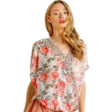 Umgee Women's Floral Animal Print Crossover Blouse Top Size 1XL