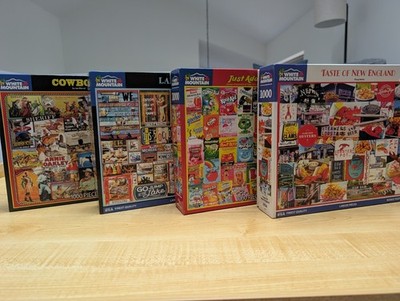 Lot of 4 White Mountain 1000p puzzles - Lake, Kool-Aid, Cowboys, +1 - Complete