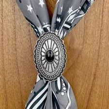 Western Silver Tone Concho with Black Center Stone Wild Rag Scarf Slide