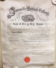 ANTIQUE 1881 LOUISVILLE MEDICAL COLLEGE DOCTOR DIPLOMA ON PARCHMENT GOOD