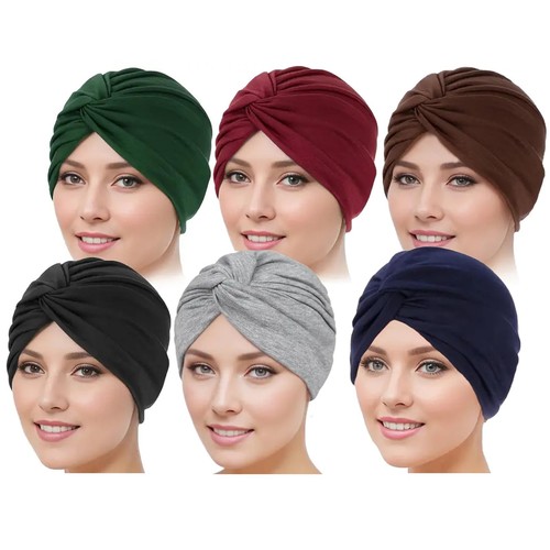 6 Pieces Solid Cotton Women Chemo Hat Stretchy Turban Beanie,Head Wraps Hats ...