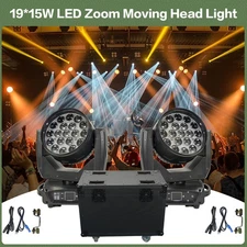 2PCS LED 19x15W Wash Zoom Moving Head Beam Light RGBW Party Light w/Flight Case