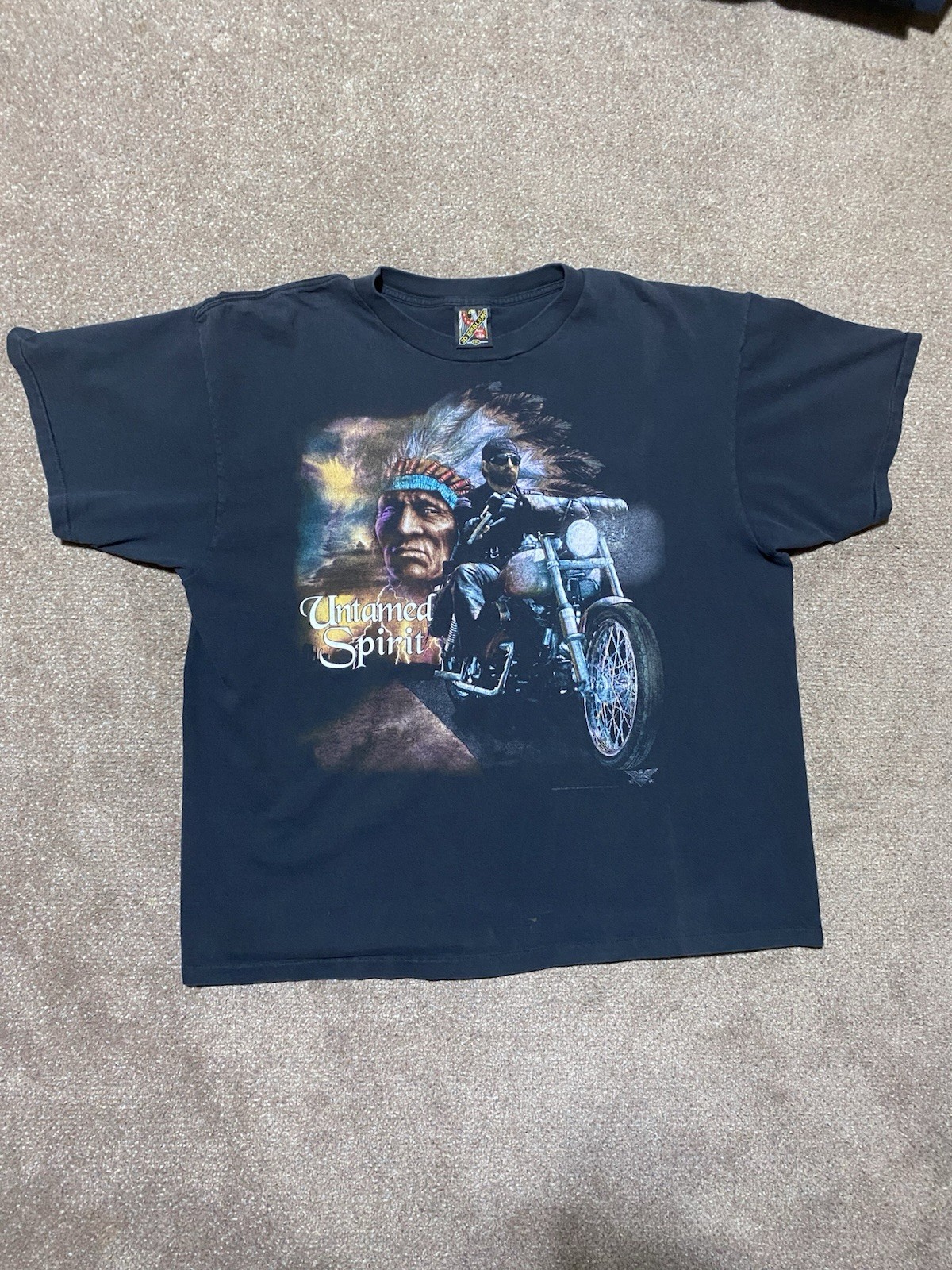 Vintage 90s Biker 3D Emblem Tee With Native American Print And Nice Fade.