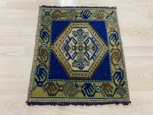 Antique Turkish Rug 1.7x1.9 ft Vintage Cobalt Blue Mustard Geometric Small Mat