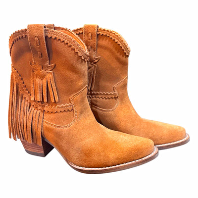 Dingo DI 187 Women's Camel Leather Fringe Western Ankle Bootie Pointed Toe 7M
