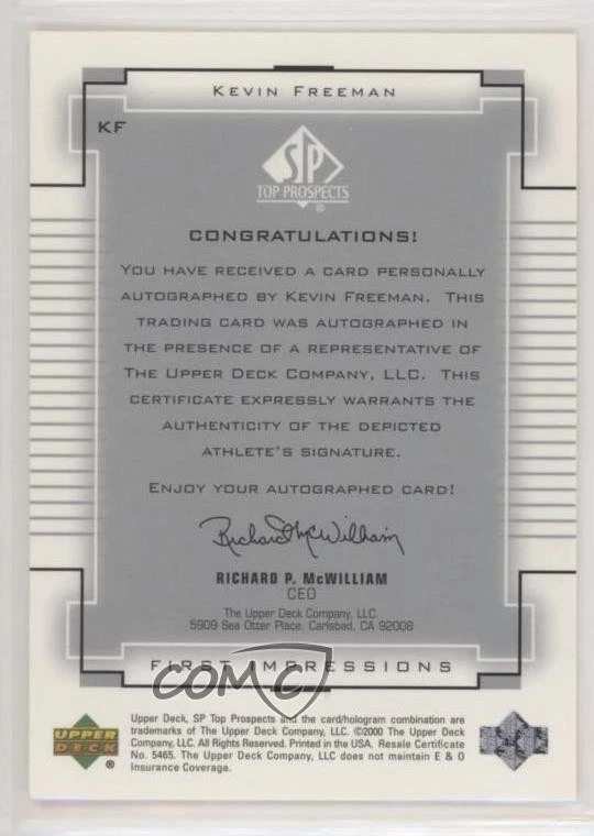 2000-01 SP Top Prospects First Impressions Kevin Freeman #KF Auto - Image 2 of 2