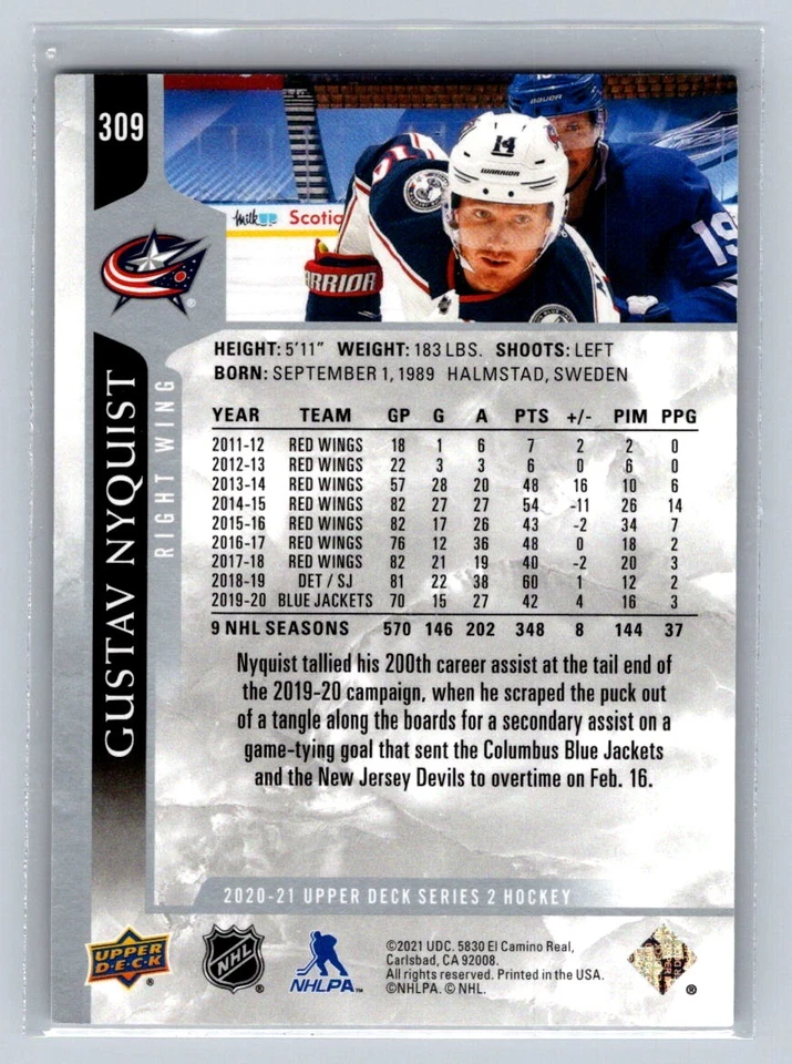 2020-21 Upper Deck #309 Gustav Nyquist Columbus Blue Jackets - Image 2 of 2