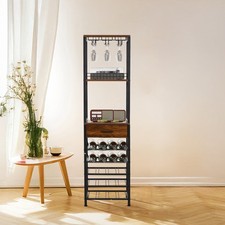 Wood Wine Rack Freestanding Bar Storage Shelf Wine Cabinet W/ Glass Holder Shelf