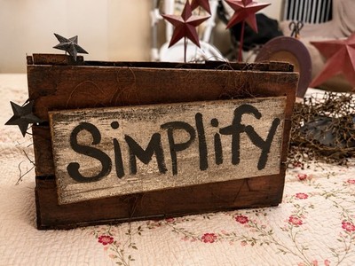 Rustic Brown Wood Decorative Box Crate ''Simplify'' Text Sign Free Standing