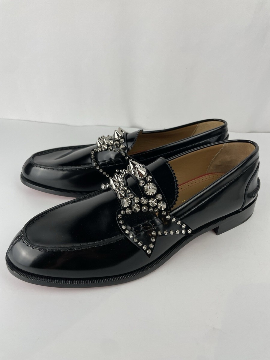 CHRISTIAN LOUBOUTIN Black Leather Spike Penny Loafers Men's Size