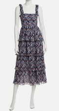 GANNI Women's Blue Pleated Georgette Flounce Smock Midi Dress Size 38