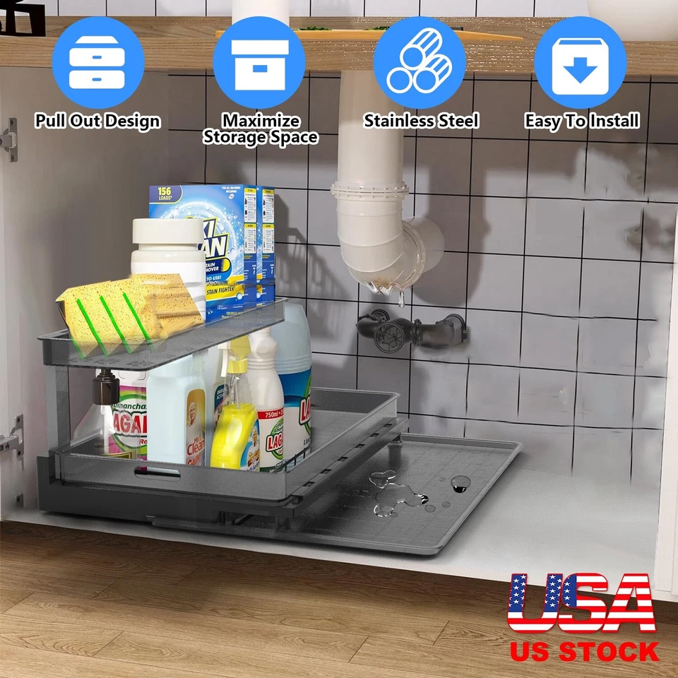 2 Tier Under Sink Organizers and Storage, Smoothly Pull out Cabinet Organizer - Image 3 of 4