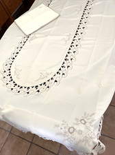 Cotton Blend Oval Tablecloth 12 Napkin set Cutwork Embroidery 108x68" Beige