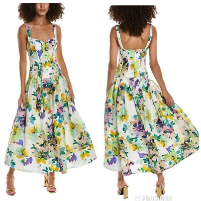 Nicholas Makenna Linen Midi Dress Martos Floral print In White 8 New With  Tags! | eBay