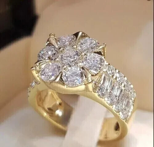 Cluster Engagement Ring 3Ct Round Cut Lab-Created Diamond 14k Yellow Gold Plated-image