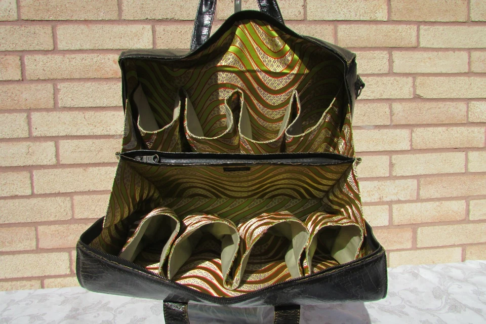 Marc Marmel Black Crackled Leather 8 Wine Bottles Carrier Travel Large Tote Bag - Image 3 of 4