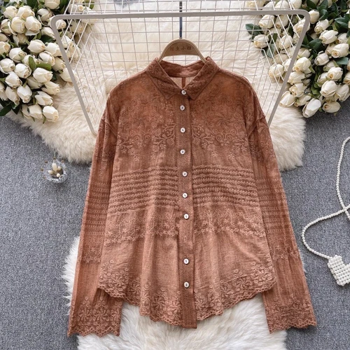 Lady Blouse Shirt Top Lace Floral Embroidery Button Ethnic Long Sleeve Basic New - Picture 22 of 31
