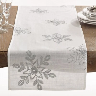 FENNCO STYLES Embroidered Silver Snowflake White Table Runner – Available in 4 Sizes