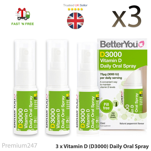 3 x BetterYou D 3000IU (75mg) of Vitamin D Oral Spray 15ml Natural