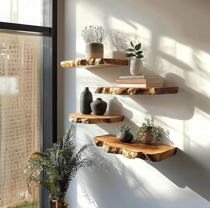 Modern Art Live Edge Shelf Floating Shelf Teak Wood Live Edge Shelves Hanging