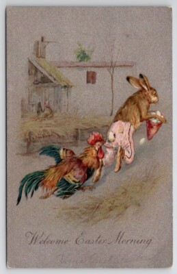 Eastern Morning Rooster Chasing Dressed Bunny Rabbit c1906 Postcard W23