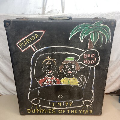 Vtg 1977 FOLK ART Painted Primitive Train Luggage Suitcase