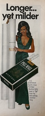 1968 Pall Mall Cigarette Print Ad, Illustrated Girl In A Dark Green Dress