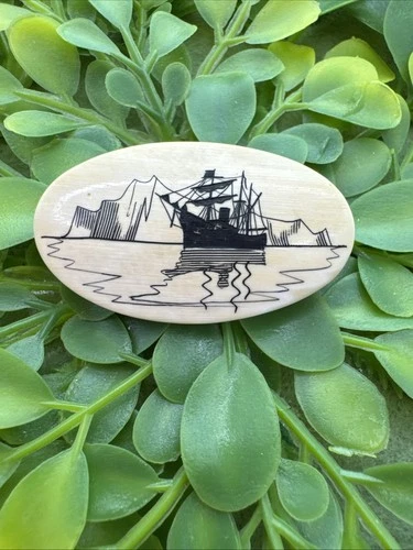 Vtg Scrimshaw Brooch Pin 1.75" Ship Water Titanic? Ice burg in background? Sea