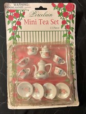 Vintage 1980s Mini Porcelain Tea Set 14 Piece Pink and Green Floral Sealed