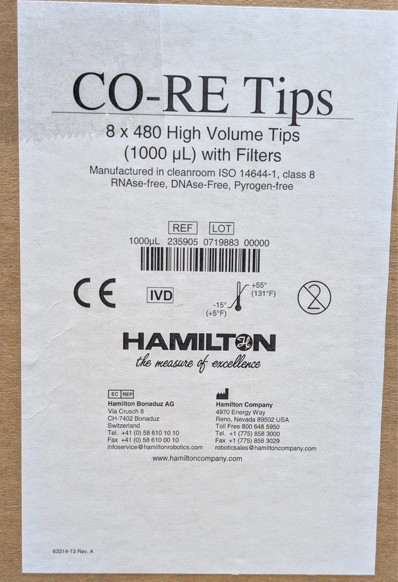 Case of 3840 Hamilton 235905 CO-RE pipette tips 1000μL with