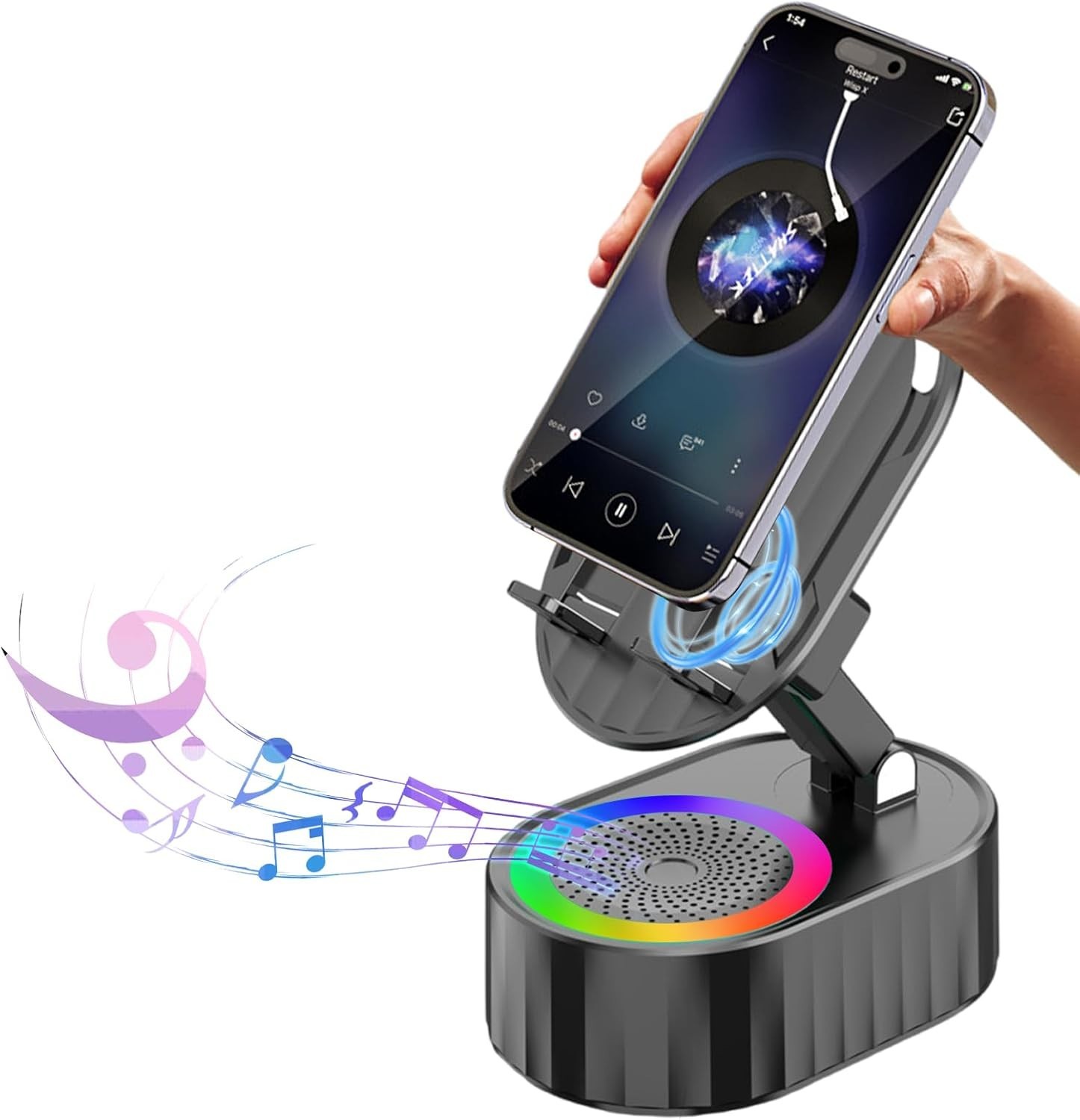 5-in-1 Wireless Induction Bluetooth Speaker Phone Stand LED 3000mAh Black