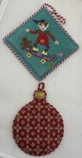 2 Needlepoint Christmas Ornaments Professionally Backed Elf Toys Ornament
