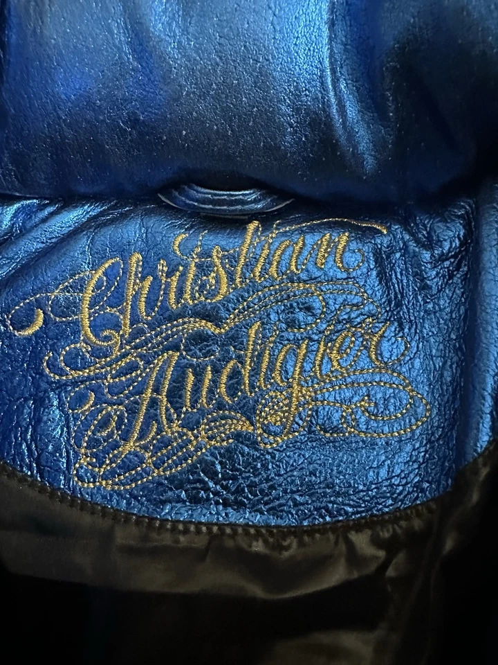 Chaqueta acolchada Christian Audigier Ed Hardy azul bordada talla pequeña rara Foto 4 de 4