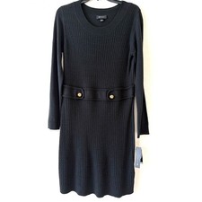 AB Studio Black Sweater Dress Waist Side Tab Cable Knit Ribbed Women's Large 