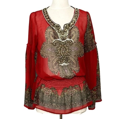 VTG Y2K Bliss i tude Womens Top M Red Chiffon Paisley Smocked Beaded Boho Hippie