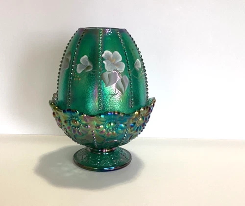 Fenton STIEGEL GREEN Hand Painted Beaded Daisy Fairy Lamp Light Iridescent