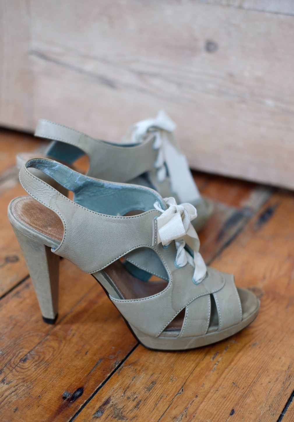 APL Topshop Vintage Cachi Verde Pelle Gabbia Sandalo Tacchi Allacciatura Nastro Misura 5 Punti